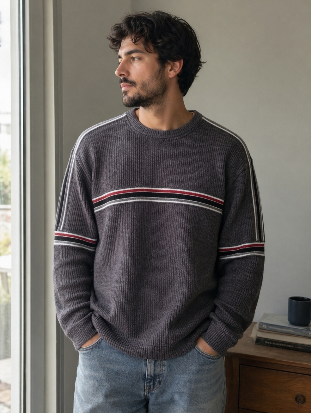 XG From 2009 Gray Striped Long Sleeved Crew Necked Men's Shirt Mediun